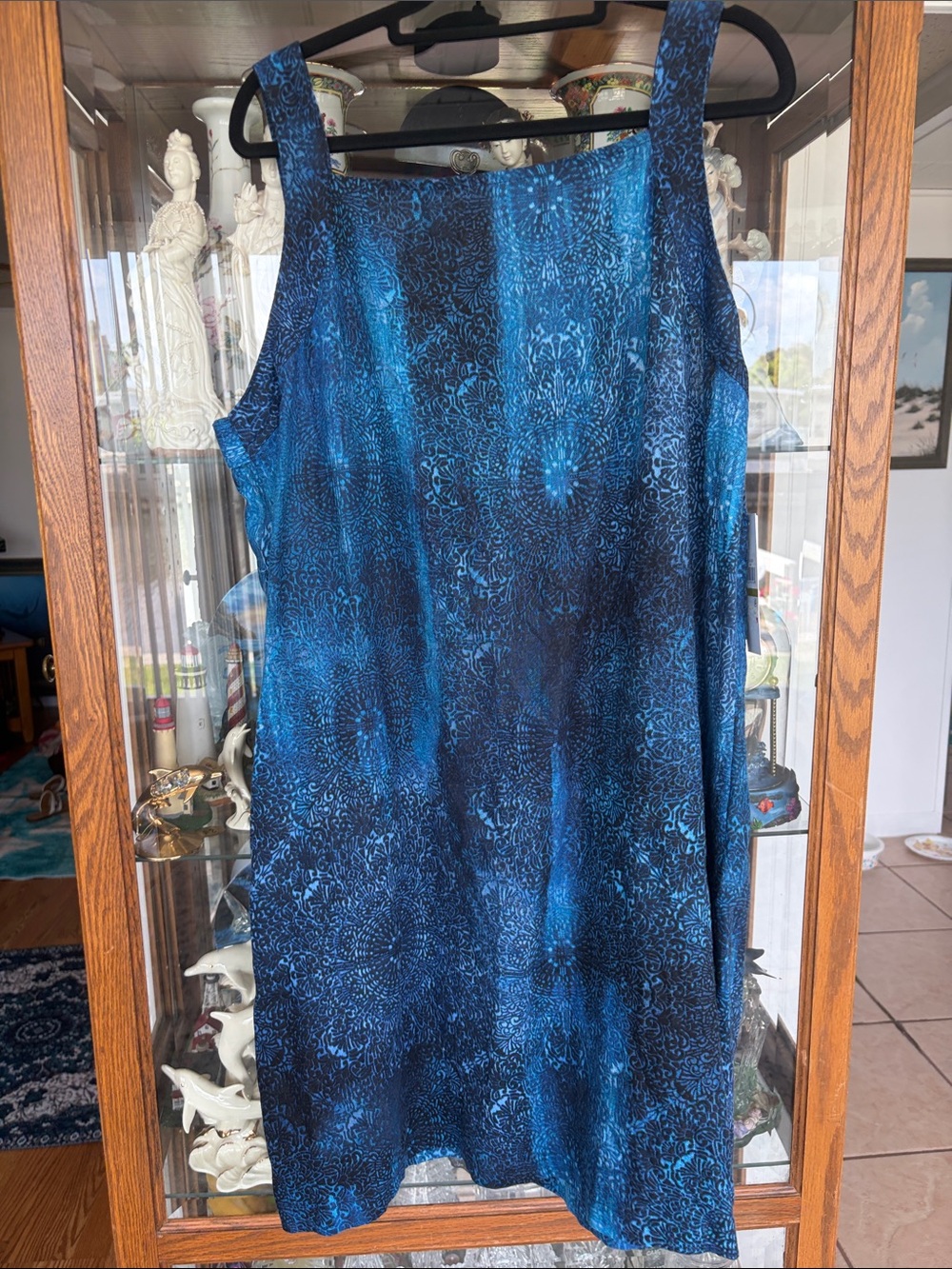 DKNY Blue and Black Sleeveless Midi Shift Dress